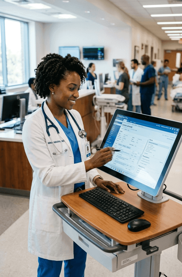 Médecin utilisant le SIH FASADE Soft sur un poste mobile en milieu hospitalier